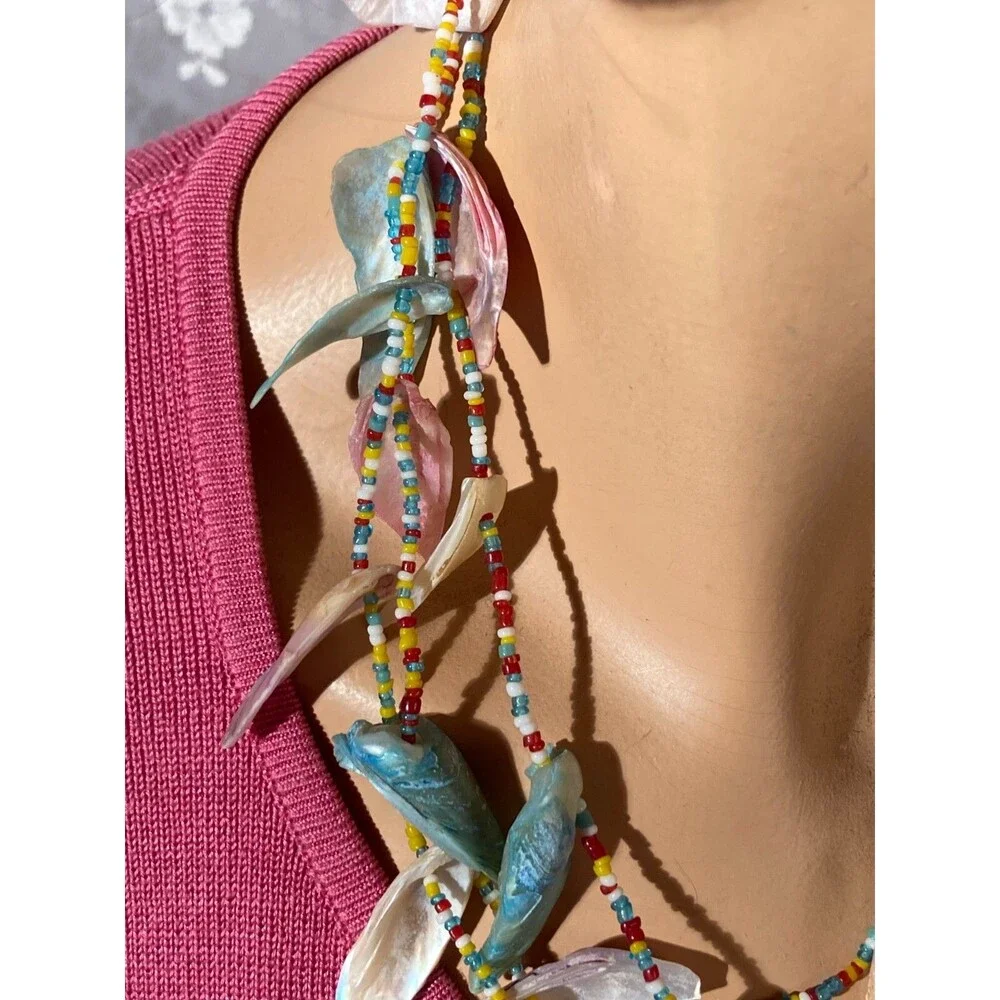Vintage 80s Shell Necklace 1980s Three Strand Pastel Petal Boho Hippie Layered